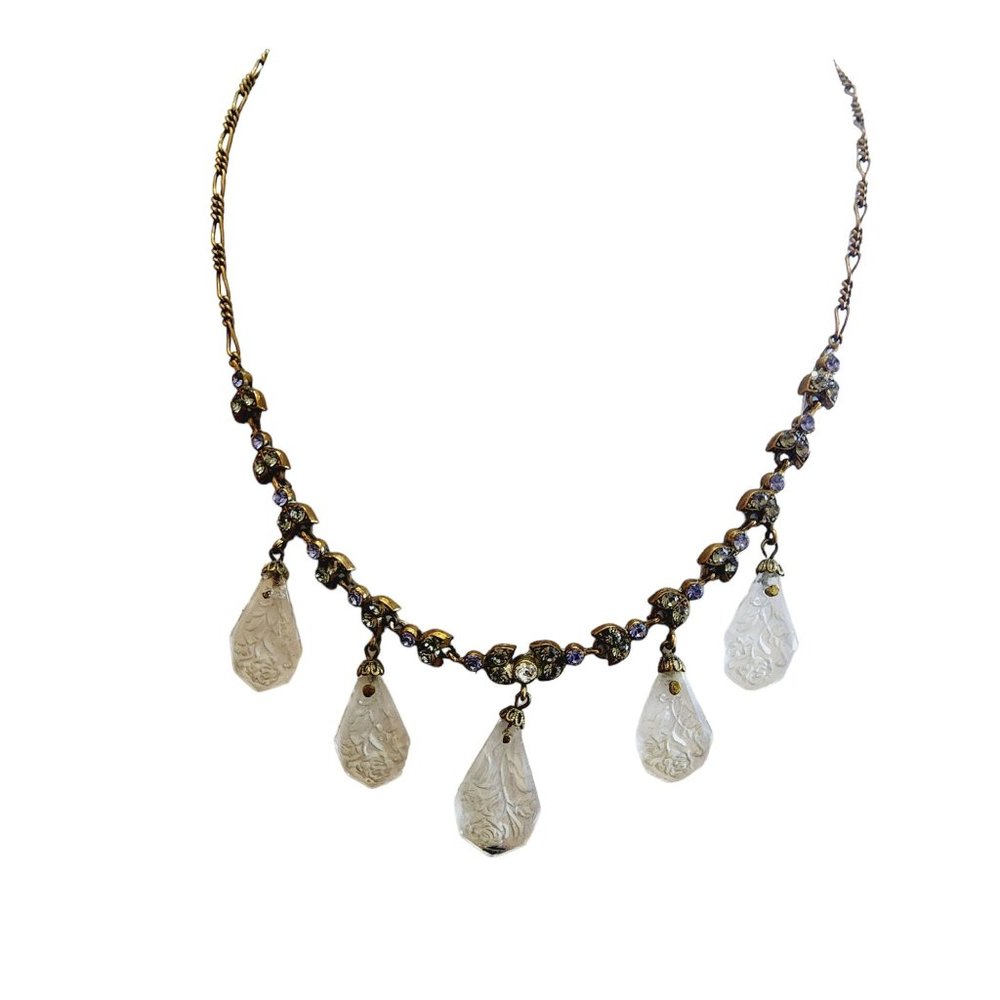 Antique Brass Intaglio Glass Art Nouveau Dangle Necklace (A2368)